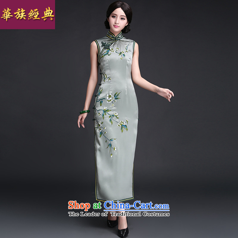 China Ethnic classic 2015 Summer hand-painted silk cheongsam herbs extract dresses, stylish improved long 2015 new suit?XXXL