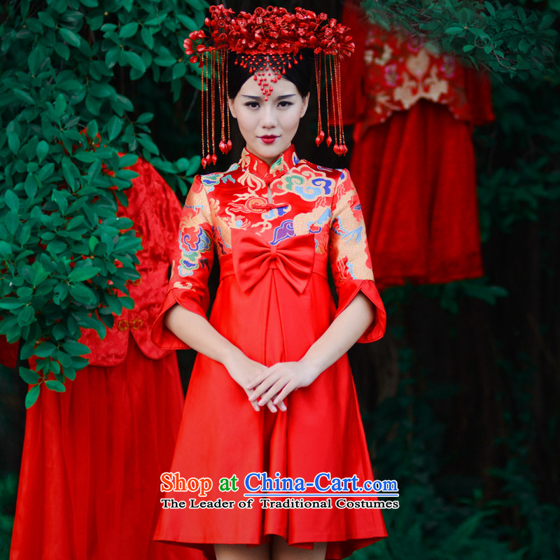 Non-you do not marry 2015 new wedding dress CHINESE CHEONGSAM with Korean improved Top Loin of pregnant women serving upscale bows Yun Jin embroidery red Wedding Dress Short-sleeved top loin short skirts 4XL, non-you do not marry shopping on the Internet