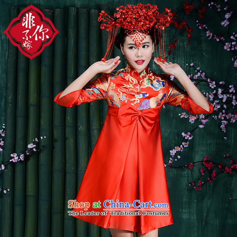 Non-you do not marry 2015 new wedding dress CHINESE CHEONGSAM with Korean improved Top Loin of pregnant women serving upscale bows Yun Jin embroidery red Wedding Dress Short-sleeved top loin short skirts 4XL, non-you do not marry shopping on the Internet