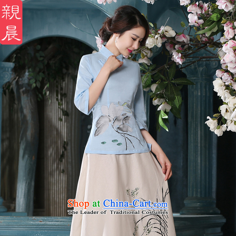 The pro-am cotton linen clothes 2015 new cheongsam dress shirt girls Fall_Winter Collections in the linen cuff retro ethnic shirt + skirt?S