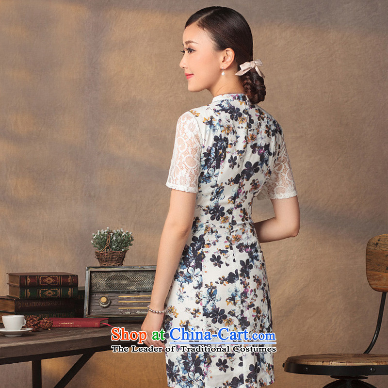 A Pinwheel Without Wind Yat dream cheongsam dress 2015 Summer improved stylish chiffon lace ethnic stamp cuff dresses floral 2XL, Yat Lady , , , shopping on the Internet