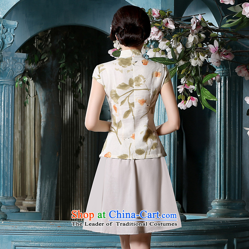 The pro-am summer new cotton linen dress retro improvements 2015 Daily Tang ethnic Han-short-sleeved T-shirt + T-shirt, beige qipao short skirts , L, pro-am , , , shopping on the Internet