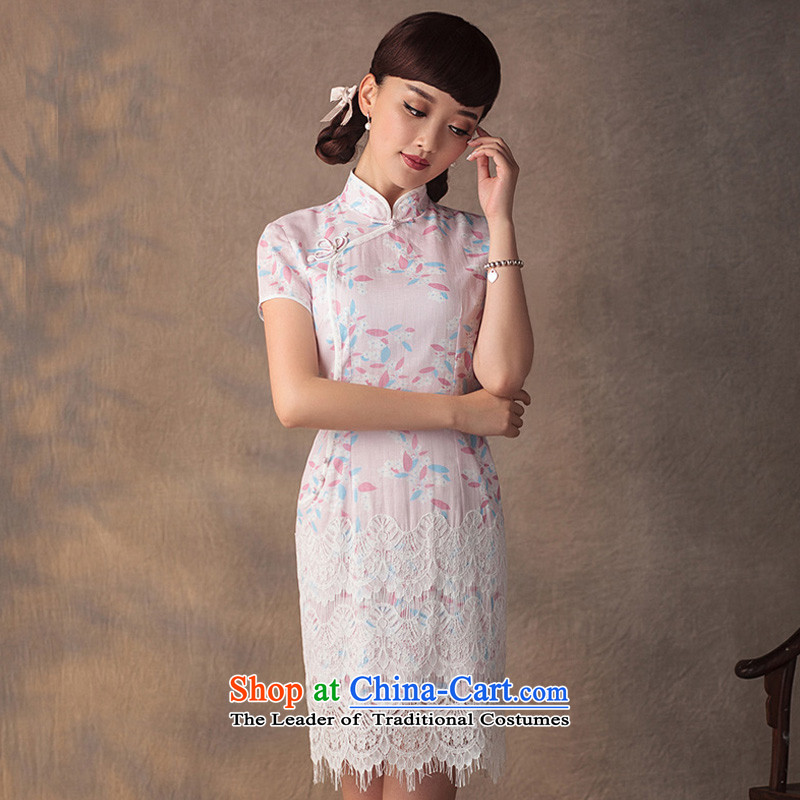 There examining lady Yat 2015 new summer cheongsam dress improved stylish stamp cotton linen cheongsam dress Blue M Yat Lady , , , shopping on the Internet