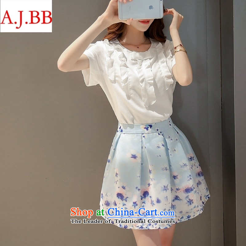 Orange Tysan *2015 summer new women's sweet fungus edge short-sleeved shirt + chiffon stamp short skirt two kits picture color L,A.J.BB,,, shopping on the Internet