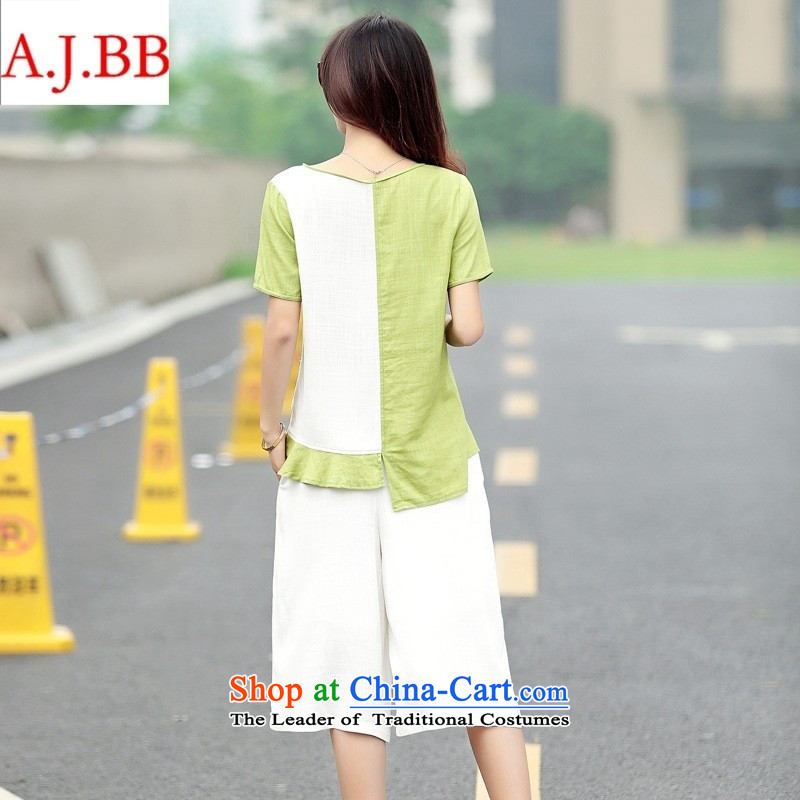 Orange Tysan *2015 summer new liberal larger cotton linen color plane clothes stitching + 7 to widen and trousers and comfortable two kits green L,A.J.BB,,, shopping on the Internet