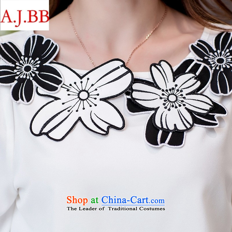 Orange Tysan *2015 summer trend floral decorations round-neck collar 7 cuff chiffon shirt + Video thin crowsfoot skirt two kits white L,A.J.BB,,, shopping on the Internet