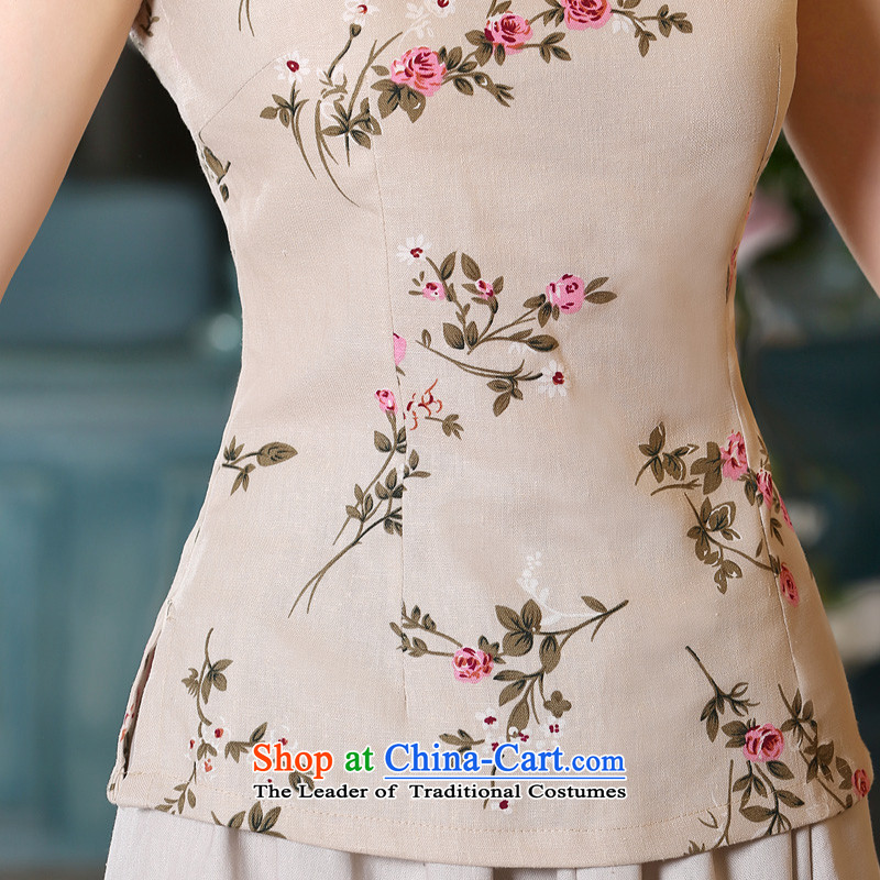 The new 2015 pro-am summer short-sleeved daily improvement of traditional antique Tang dynasty China wind cotton linen dresses shirt blouses + beige short skirts , L, pro-am , , , shopping on the Internet