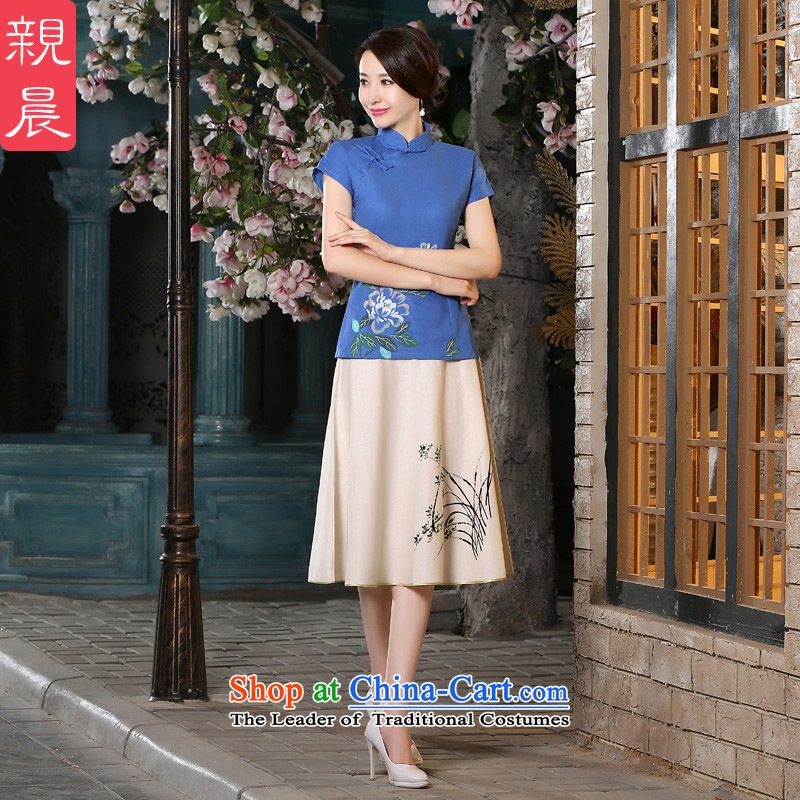 The pro-am Tang Women's clothes summer new Chinese Disc detained retro daily improved cotton linen hand-painted short-sleeved T-shirt shirt + skirts of Qipao?L