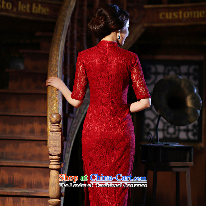 The vast new bride embroidered 2015 daily improved stylish lace cheongsam dress, summer long short-sleeved cheongsam dress red , L, is embroidered bride shopping on the Internet has been pressed.