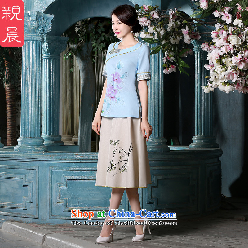 The new 2015 pro-am summer retro daily improved cotton linen flax women of ethnic short of qipao kit shirt , L-T-shirt skirt morning shopping on the Internet has been pressed.