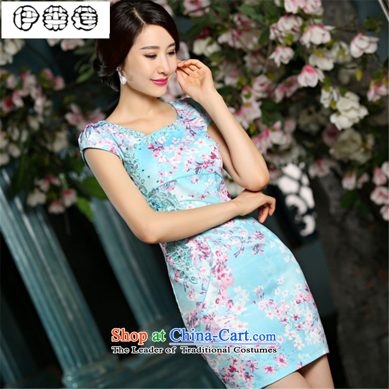 Hirlet summer 2015, improvement of Ephraim jacquard water drilling qipao short-sleeved skinny fresh package video     and dresses, temperament Embroidery Stamp dress blue Chinese XL, Electrolux Ephraim ILELIN () , , , shopping on the Internet