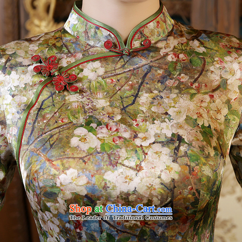 Land 2015 autumn morning new Stylish retro short, long-sleeved improved heavyweight silk cheongsam dress following suit 155/S, MUI morning land has been pressed shopping on the Internet