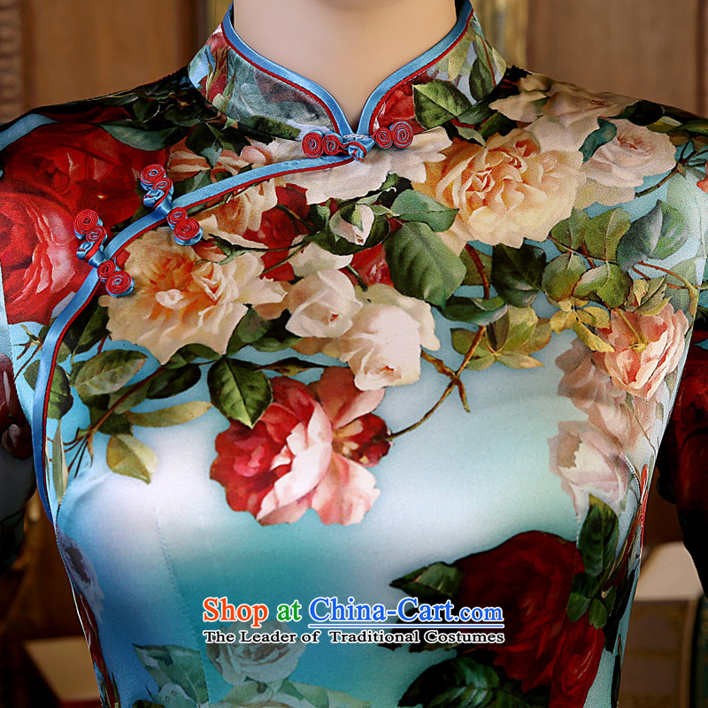 Land 2015 autumn morning new Stylish retro short, long-sleeved improved heavyweight silk cheongsam dress suit 155/S, blue in the morning land has been pressed shopping on the Internet