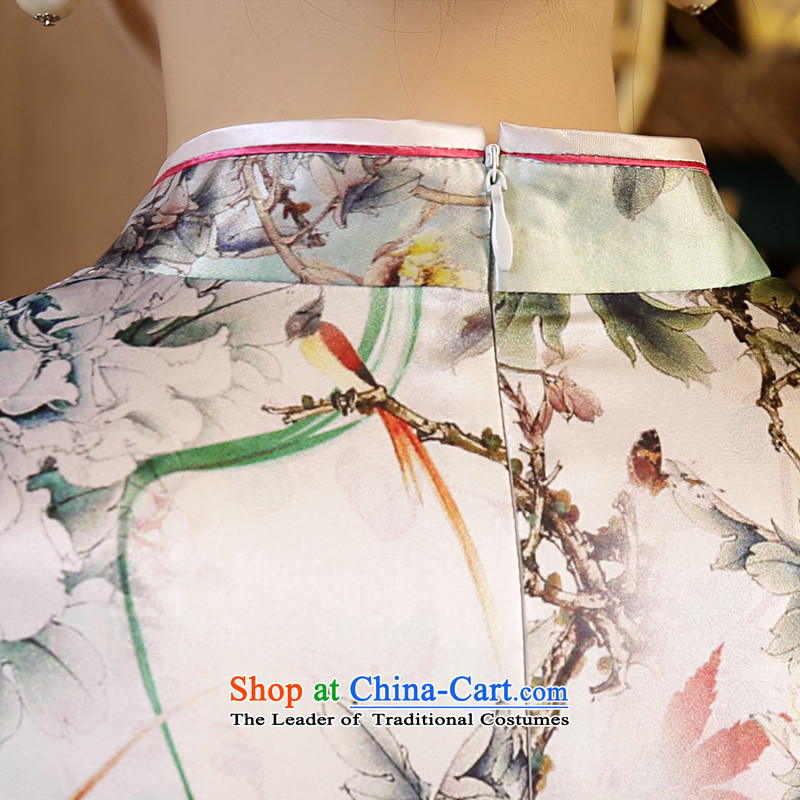 Land 2015 autumn morning new Stylish retro short, long-sleeved improved heavyweight silk cheongsam dress suit , L, morning land Mudan shopping on the Internet has been pressed.