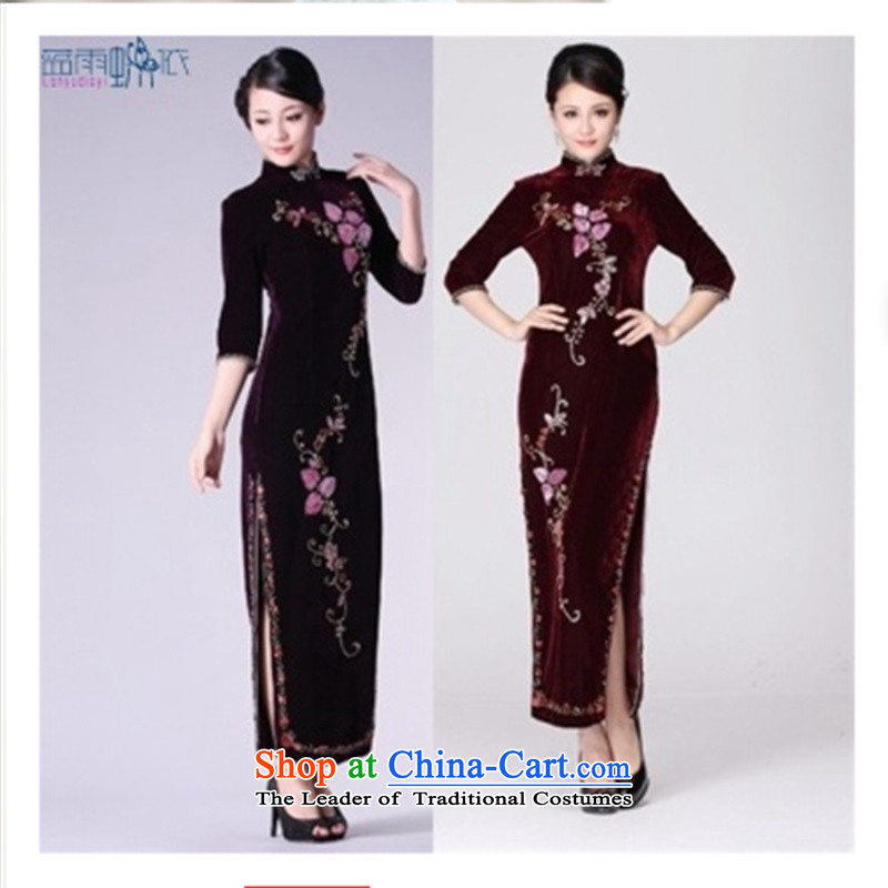 Long skirt qipao mother Kim velvet marriage ceremony dress in Sau San older will fall in the purple , blue rain butterflies cuff to , , , shopping on the Internet