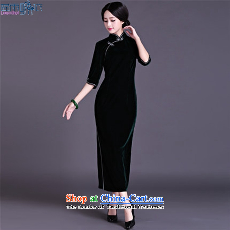 Gold velour robes in Pure pigment long cheongsam dress marriage services in the summer and autumn dresses bows purple?M