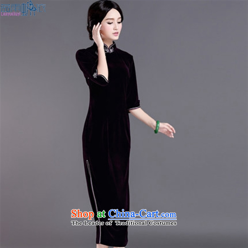 Gold velour robes in Pure pigment long cheongsam dress marriage services in the summer and autumn dresses bows Purple Butterfly to rain Blue M , , , shopping on the Internet