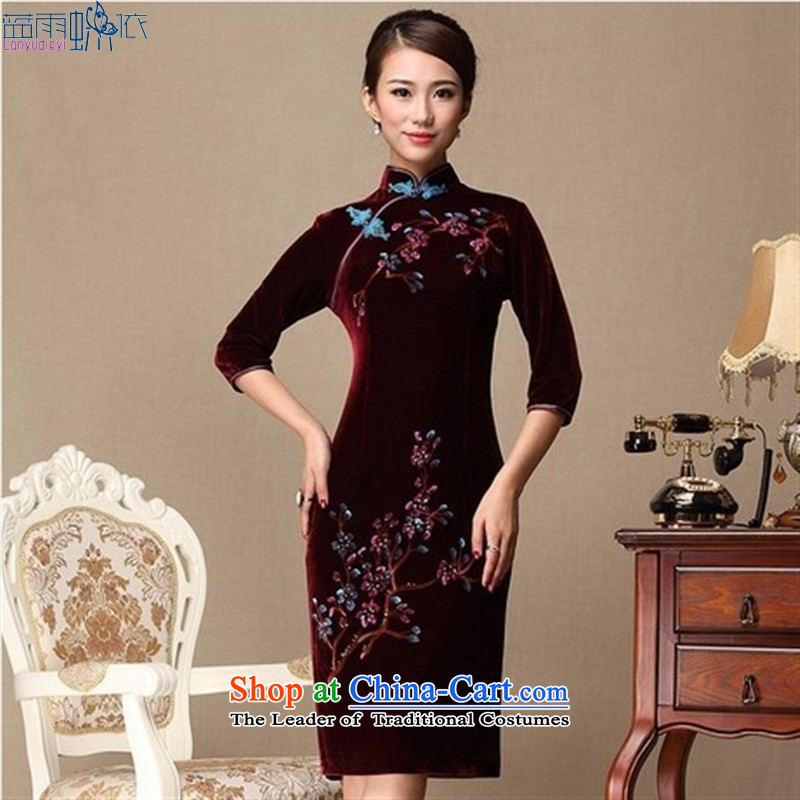 Kim scouring pads hand-painted a Phillips qipao middle-aged moms wedding dress bows spring and summer load service new women's 033 Purple Butterfly according to blue rain XXXL, shopping on the Internet has been pressed.