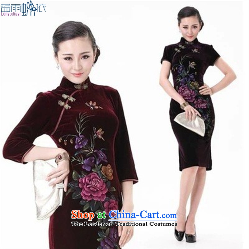 In the long-sleeved Kim qipao hand-painted silk peony flowers in older married mothers with dress Tang dynasty 8868 (Maroon short-sleeved) XL, blue rain butterfly according to , , , shopping on the Internet