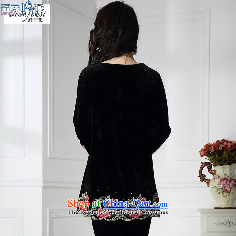 In spring and autumn 2015 older packaged New embroidered velvet large long-sleeved T-shirt with older black XXL, mother blue rain butterfly according to , , , shopping on the Internet