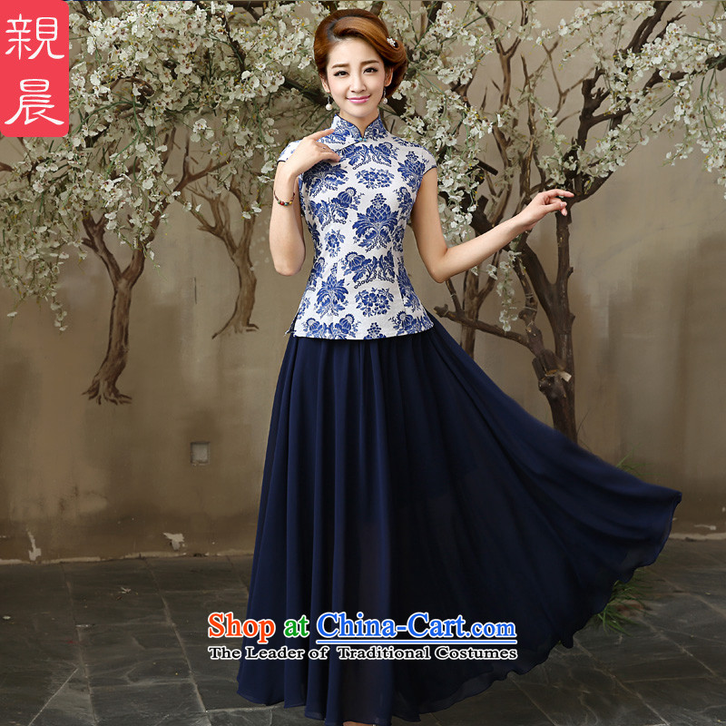 The pro-am porcelain cheongsam Clothes Summer 2015 new daily ethnic cotton linen, Sau San stylish shirt +SZZH improved blue skirt chiffon M, PRO-AM , , , shopping on the Internet