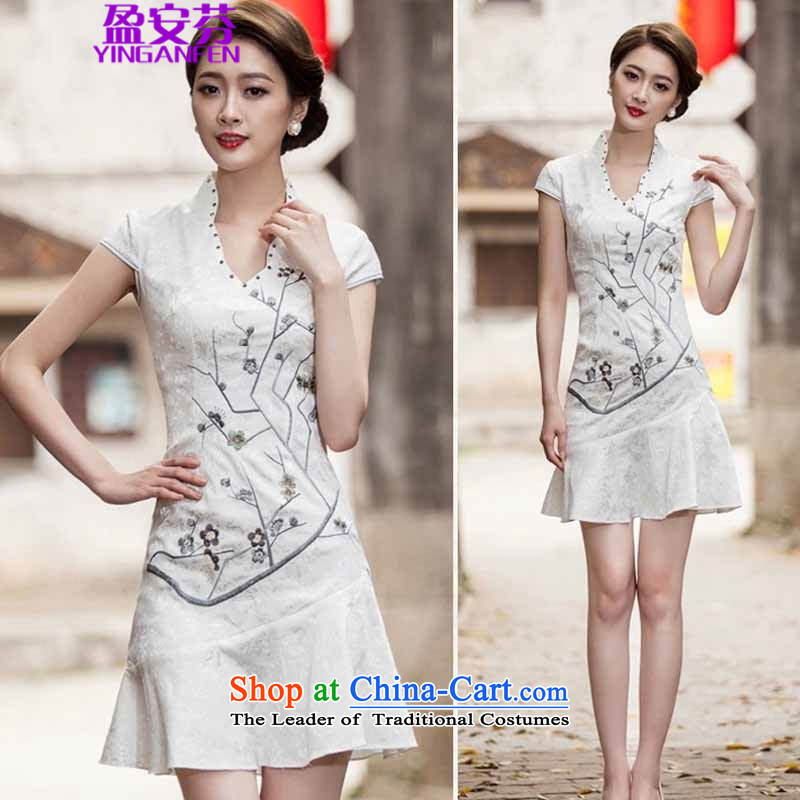 The    2015 law, surplus spring and summer new Short Sleeve V-Neck embroidered Phillips-head nails pearl crowsfoot petticoats embroidery short qipao #1123 white L, surplus on Marat Safin (YINGANFEN) , , , shopping on the Internet