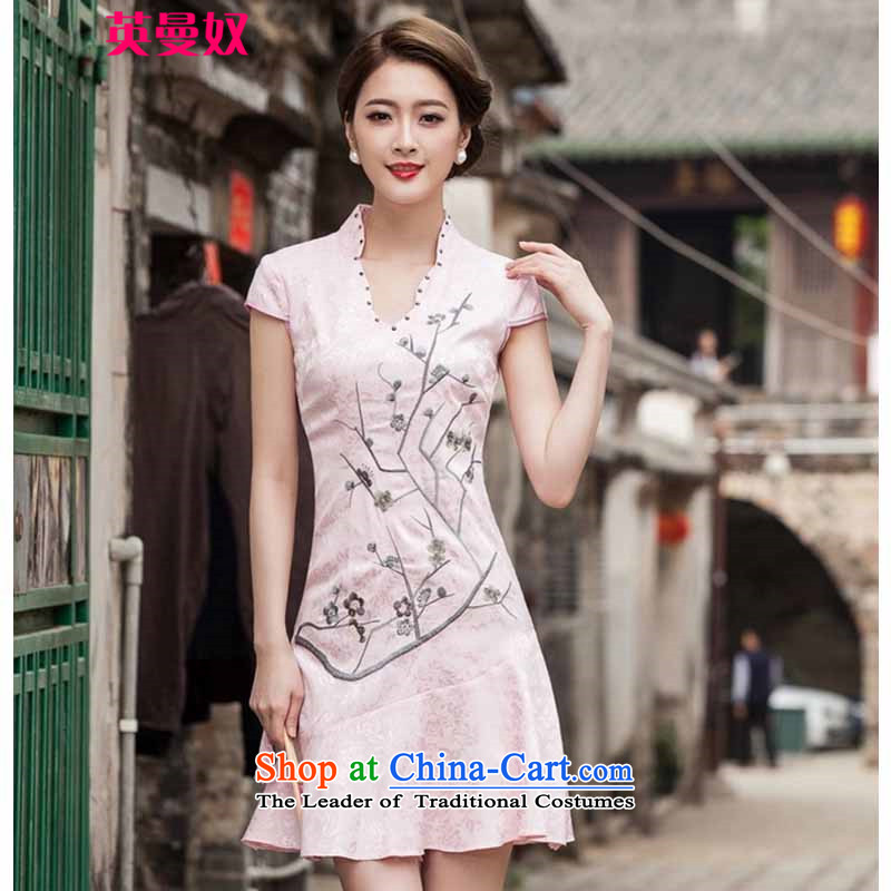 The British Yehudi   spring and summer 2015 New Short Sleeve V-Neck embroidered Phillips-head nails pearl crowsfoot petticoats embroidery short qipao #1123 XXL, white British Yehudi shopping on the Internet has been pressed.