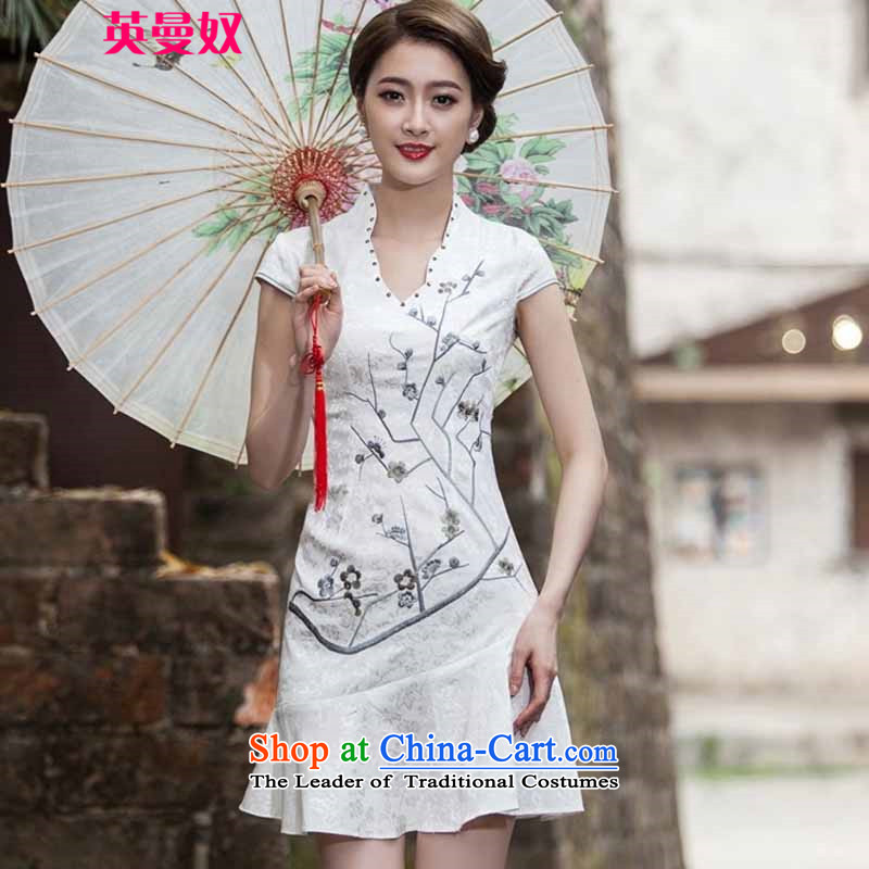 The British Yehudi   spring and summer 2015 New Short Sleeve V-Neck embroidered Phillips-head nails pearl crowsfoot petticoats embroidery short qipao #1123 XXL, white British Yehudi shopping on the Internet has been pressed.