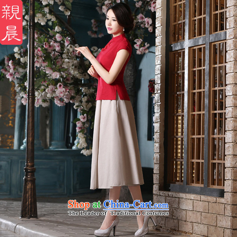 The pro-am cotton linen clothes 2015 new qipao summer daily short, red retro improved Ms. stylish dresses AV082 T-shirt + M white cheongsam dress 2XL, pro-am , , , shopping on the Internet