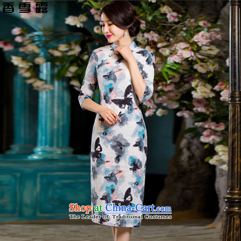 Xiangxue terrace in the autumn 2015 new retro in Short Thin Graphics   large cuff improved linen long skirt X007 qipao ink dish cuff XL, Hornsey Terrace Shopping on the Internet has been pressed.