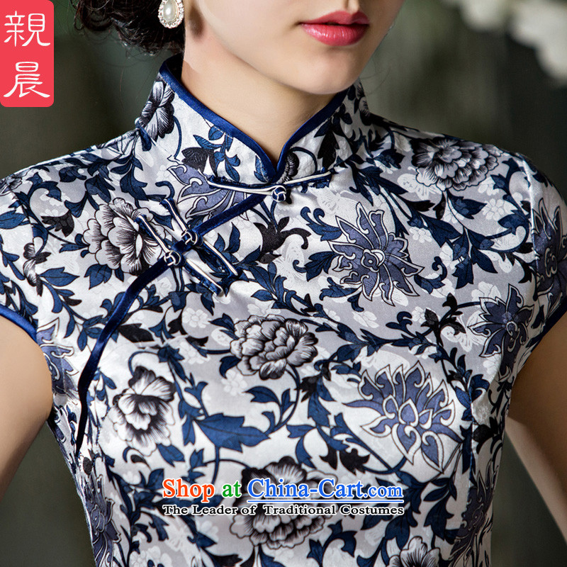 The pro-am cheongsam dress 2015 New Stylish retro-to-day improved Chinese Tang dynasty qipao shirt female summer shirt + dark blue skirt 2XL, chiffon in pro-am , , , shopping on the Internet