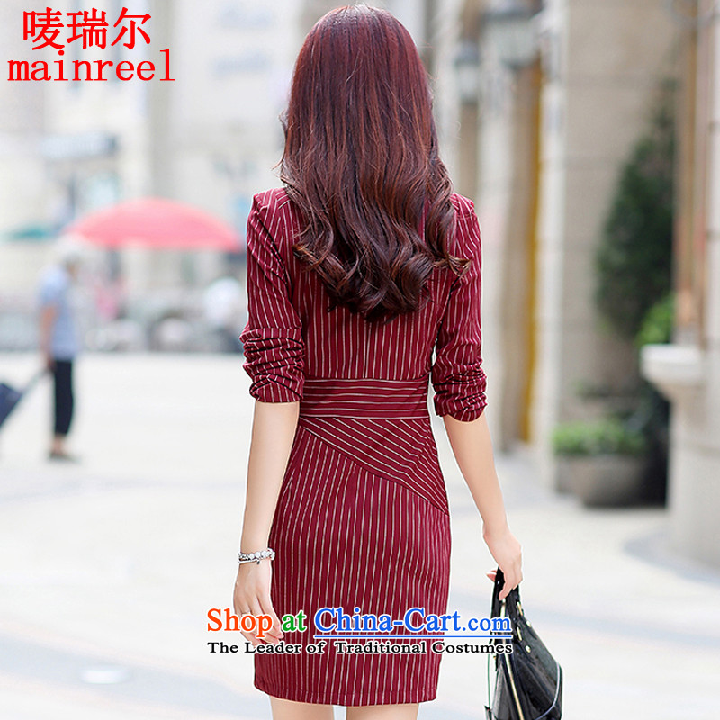Mark riels autumn 2015 new boxed long-sleeved dresses autumn female occupations temperament Sau San streaks stylish package and forming the skirt TF1206 deep red XL, Mark Riels (mainreel) , , , shopping on the Internet