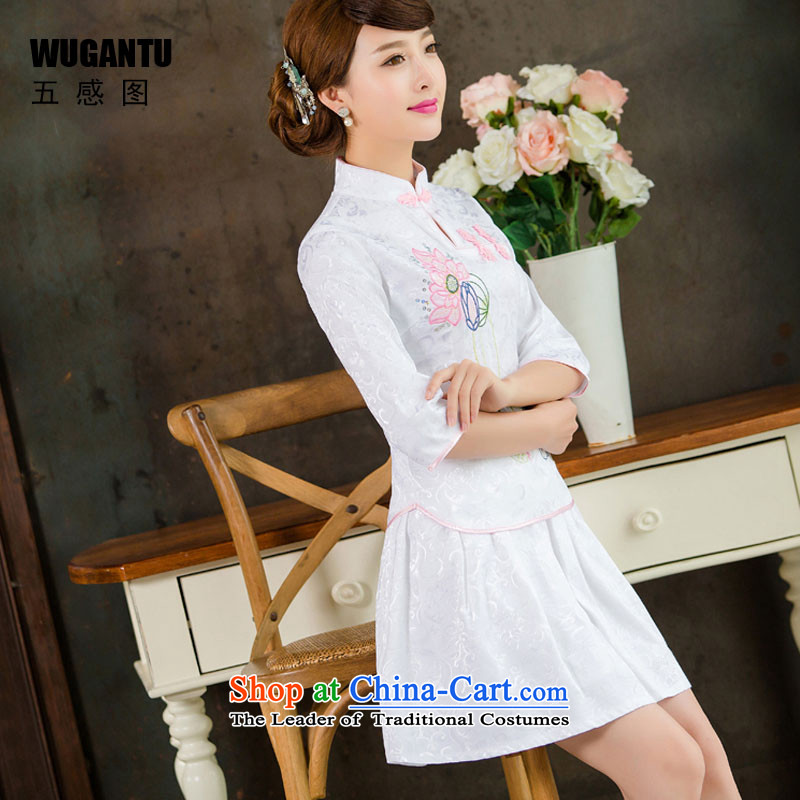 The five senses new cheongsam dress figure improved daily two kits are retro qipao Tang decorated dresses dress in white lotus skirt cuff , L, five-sense figure (WUGANTU) , , , shopping on the Internet