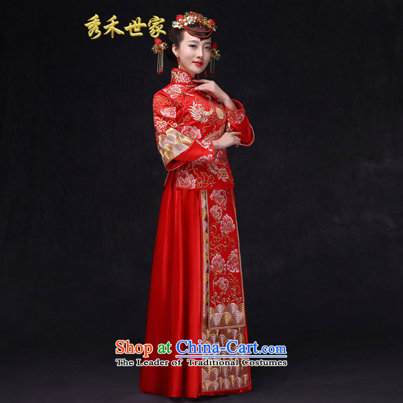 Sau Wo Saga Soo Wo Service Chinese Antique bride-soo Wo Service married women serving costume wedding gown bows long-sleeved red dragon and the use of women's dresses + a set of model with Head Ornaments?M