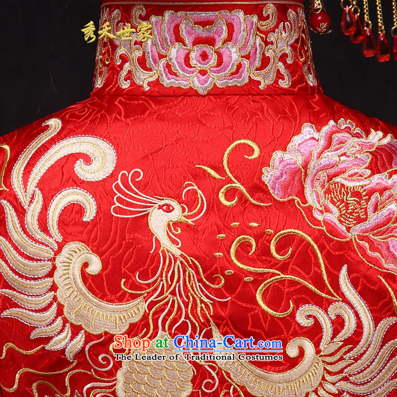 Sau Wo Saga Soo Wo Service Chinese Antique bride-soo Wo Service married women serving costume wedding gown bows long-sleeved red dragon and the use of women's dresses + a set of model with head ornaments , Sau Wo M of the Paridelles shopping on the Intern