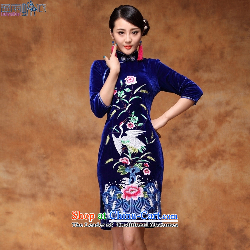 The fall of embroidery Kim qipao Stylish retro scouring pads female dresses evening dresses XXXL, blue blue rain butterfly according to , , , shopping on the Internet