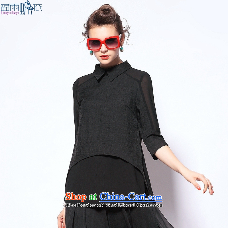 The European site Couture fashion in Europe and the new summer, Loose Cuff lapel female black T-shirt , blue rain butterfly according to , , , shopping on the Internet