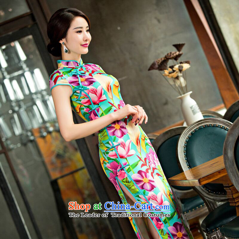 Take the new figure female Silk Cheongsam Chinese improved long collar temperament cheongsam dress qipao ladies Sau San Figure Color L, floral shopping on the Internet has been pressed.