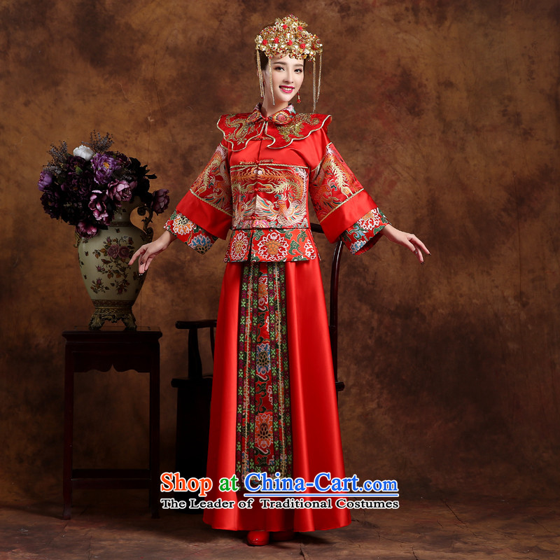 The new bride-soo 2015 Wo Service larger toasting champagne Chinese antique dresses Soo Kimono clothes gets married and the dragon and the use of the southern service yi pregnant women dress cheongsam dress high-end red clothes Head Ornaments XXXL, + love