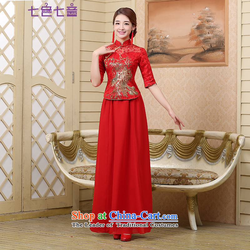 7 7 color tone 2015 new stylish bride cheongsam dress red Chinese wedding services improved summer qipao bows Q006_ RED M