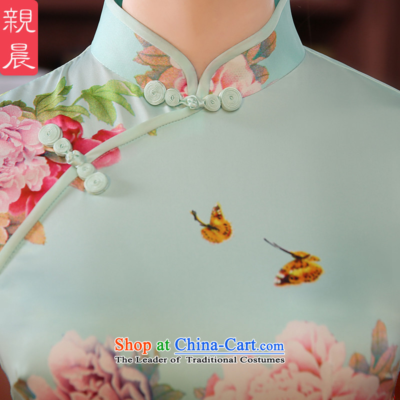 The pro-am cheongsam dress retro improved new autumn 2015 summer daily traditional stylish short of Sau San Green Peony , L-Sau San morning shopping on the Internet has been pressed.