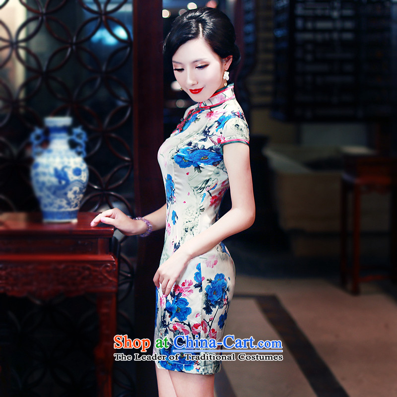 After a 2015 Summer wind new upscale heavyweight Silk Cheongsam herbs extract retro short skirt 5441 5441) qipao suit after wind has been pressed, L, online shopping