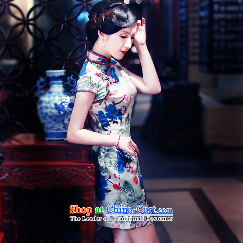 After a 2015 Summer wind new upscale heavyweight Silk Cheongsam herbs extract retro short skirt 5441 5441) qipao suit after wind has been pressed, L, online shopping