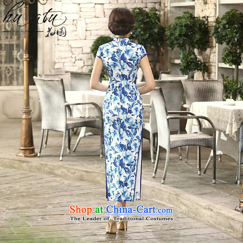 Take the new figure female Chinese daily retro porcelain silk dresses qipao gown length improved dinner as  it has been pressed 2XL, shopping on the Internet