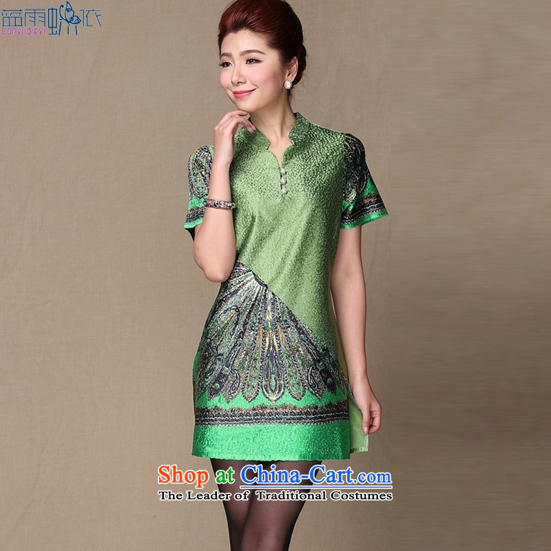 Tang Dynasty continental parquet silk drapes extracting mother wedding cheongsam dress in older XXL, green blue rain butterfly according to , , , shopping on the Internet