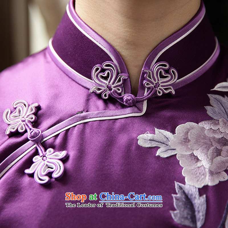 The Wu female red silk embroidery manually 2015 cheongsam dress in summer long collar Everyday Women   replacing high-end banquet evening dresses purple XL, Wu female red , , , shopping on the Internet