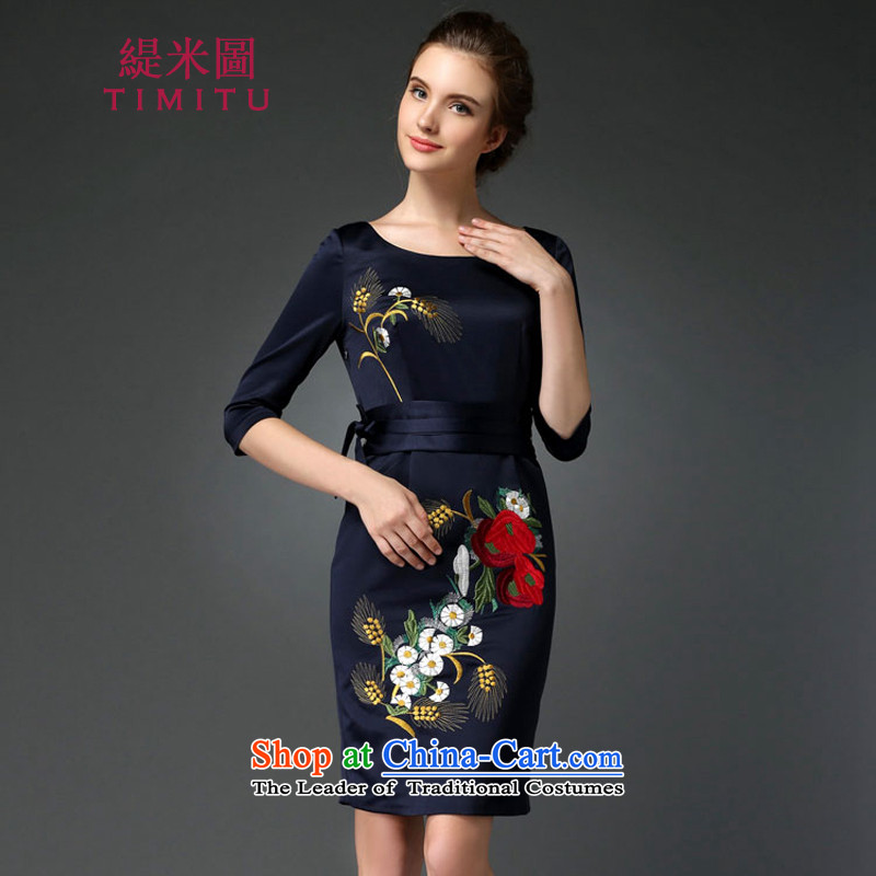 Economy?by 2015 autumn the new figure for women noble dinner dress qipao Sau San Kit embroidery dresses female video thin blue?XL