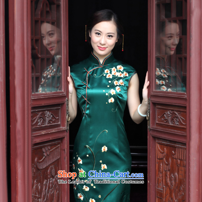 The Wu female red 2015 Summer new retro hand embroidery silk cheongsam dress long-to-day, Sau San banquet dinner dress Army Green M, Wu female red , , , shopping on the Internet