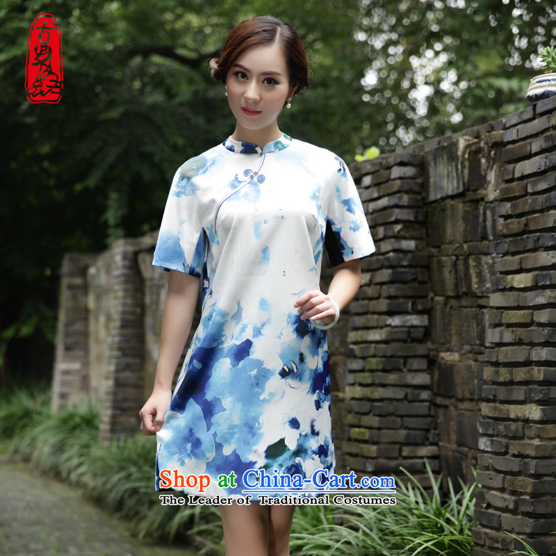 The Wu Female Red Summer Silk Cheongsam loose fit the new day-to-day 2015 Ladies casual cheongsam dress short white L_