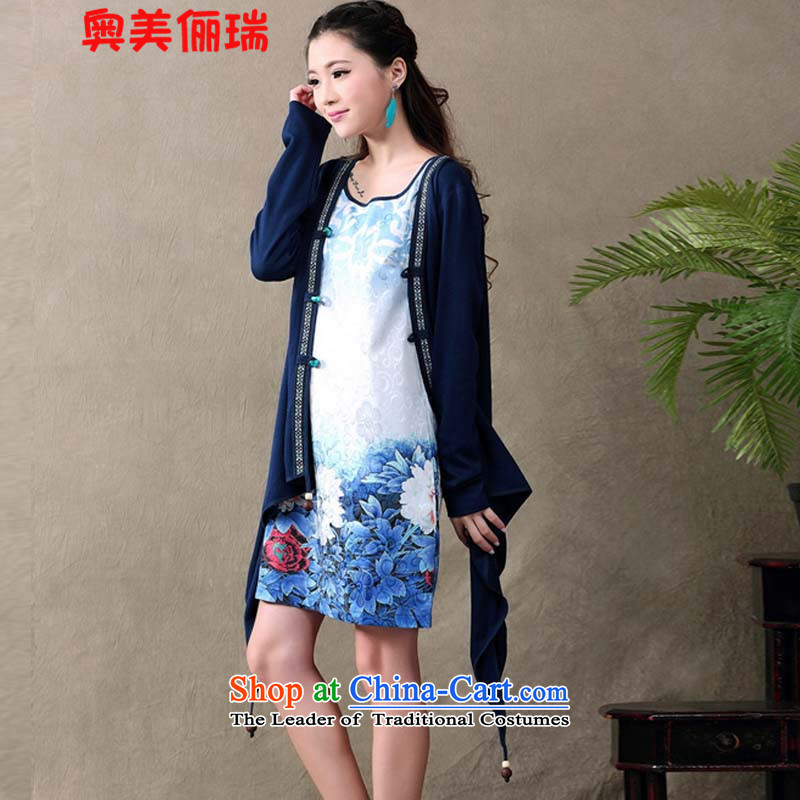 Ogilvy 2015 summer, 158 new ethnic retro qipao gauze stamp long-sleeved dresses two kits female blue XXL, Ogilvy 158 Shui , , , shopping on the Internet